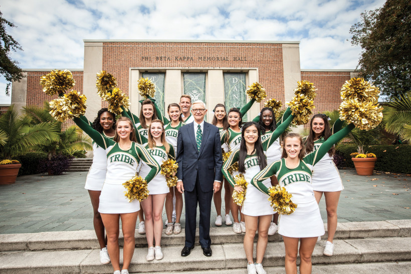 President Reveley celebrates the campaign launch with the Tribe Cheerleaders.
