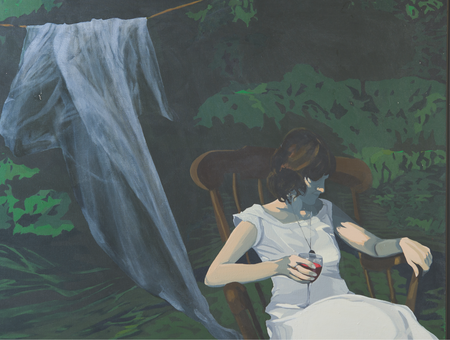 Stylizing image of woman sitting in a rocking chair with a white dress