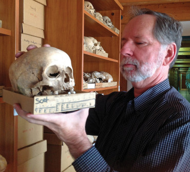 Mann examines skulls at the Magyar Termeszettudomanyi Museum in Budapest, Hungary in 2012.