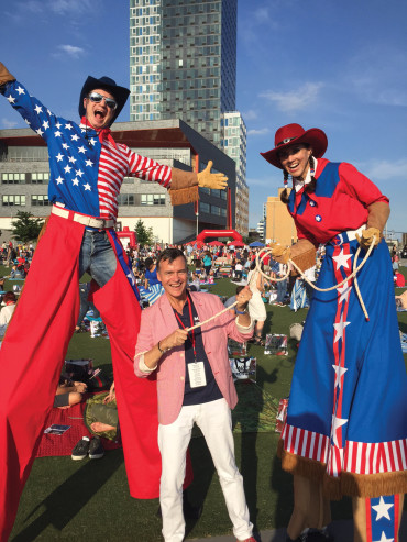 Bill Schermerhorn ’82 wrangles the talent before Macy’s Fourth of July Fireworks Show.