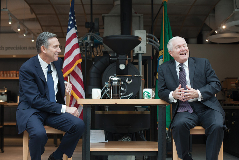 WELL MET: Starbucks CEO Howard Schultz (left) and former Secretary of Defense and W&M Chancellor Robert M. Gates ’65, L.H.D. ’98 have been staunch advocates of improving opportunities for veterans.  