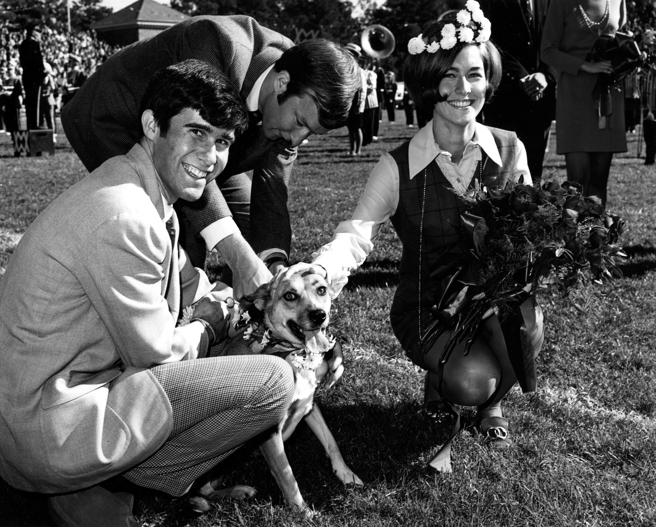 In 1969, Homecoming Queen Elaine Barnes ’70 was crowned at half-time ceremonies surrounded by her court of princesses — including “Sam,” a campus mutt — who was the Flat Hat’s candidate for queen. 