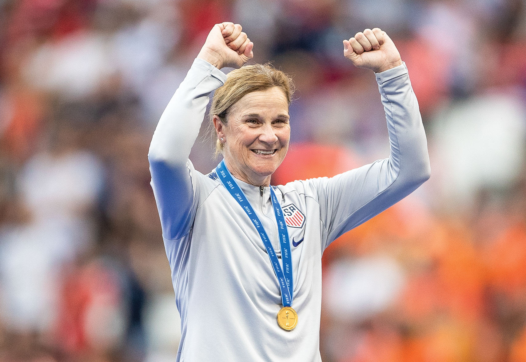 Jill Ellis ’88, L.H.D. ’16 celebrates the World Cup victory. She recently announced that she will be stepping down as coach from the U.S. Women’s National Team.
