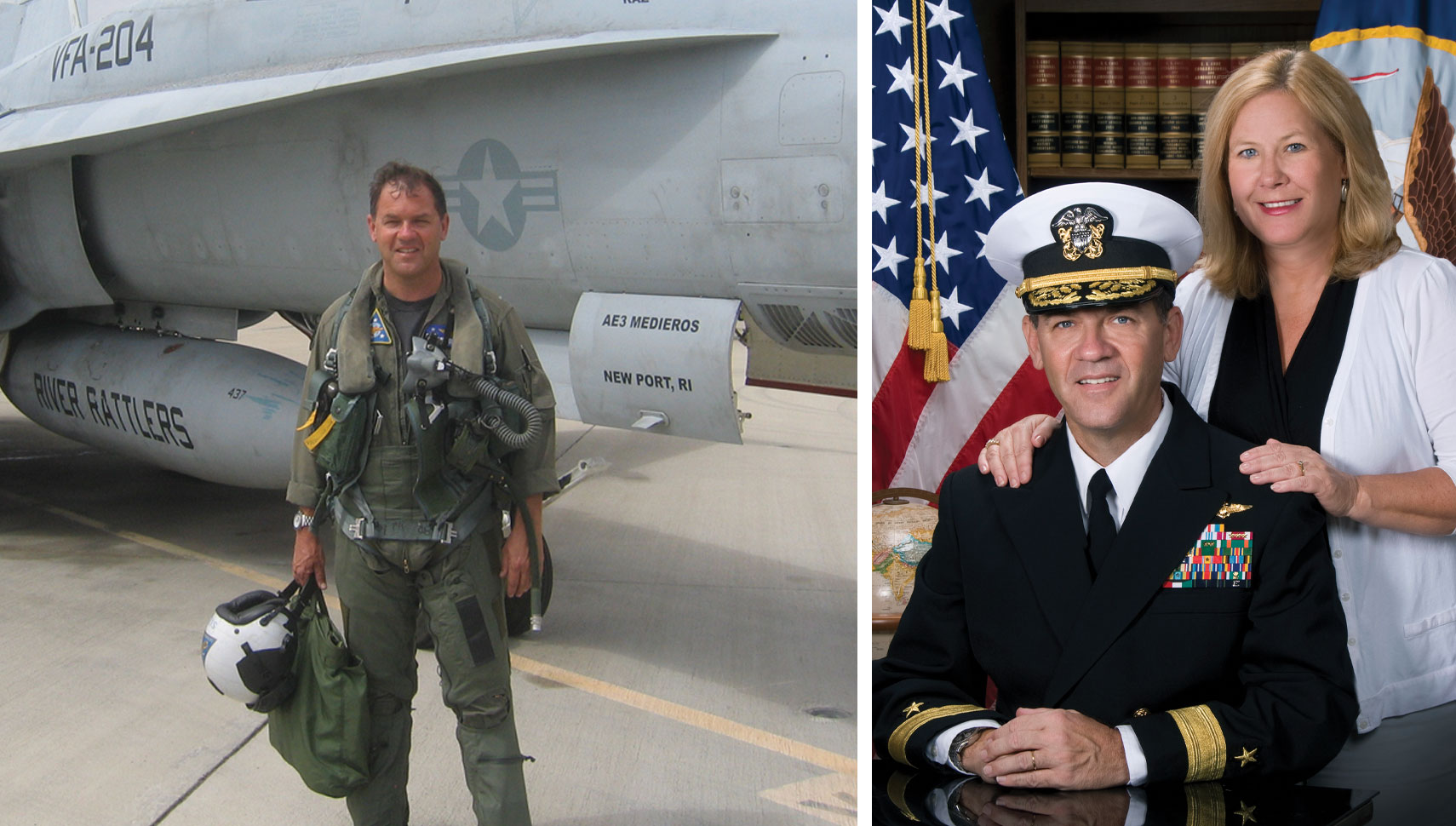 Left: Sizemore and his wife, Diane; Right: Bill Sizemore M.B.A. ’89 attended the Navy Fighter Weapons School, known as TOPGUN, and then returned as its commanding officer.