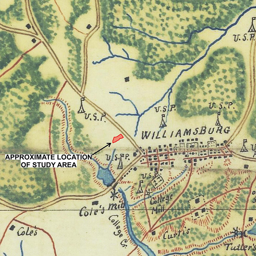 FAMILY HISTORY: Part of the nearly 600-acre New Hope farm, owned by Schneidman’s ancestor Samuel Bright, is highlighted in this Civil War-era map from a 2015 study. The land is now part of W&M