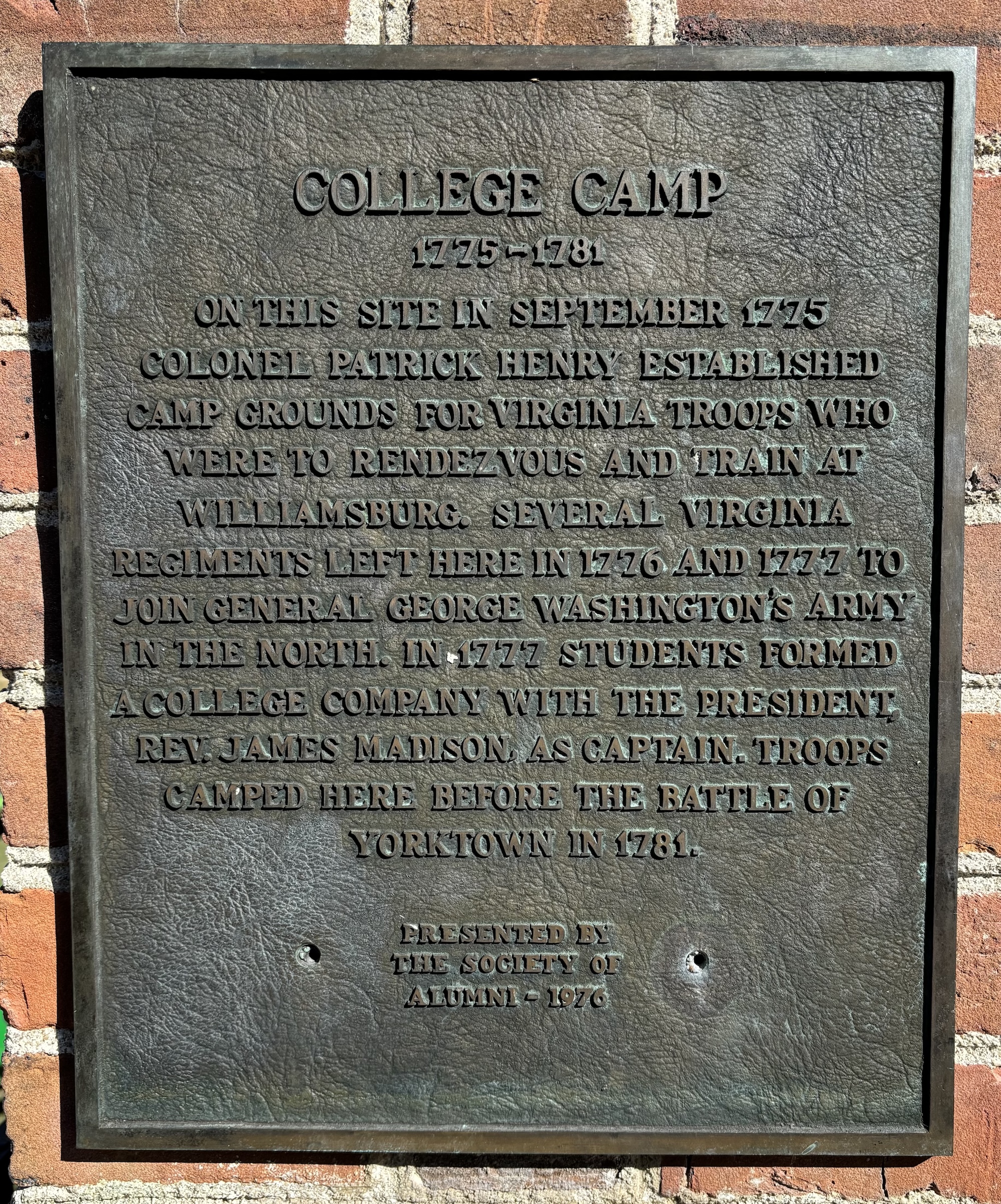 Plaque in the Sunken Garden commemorating College Camp