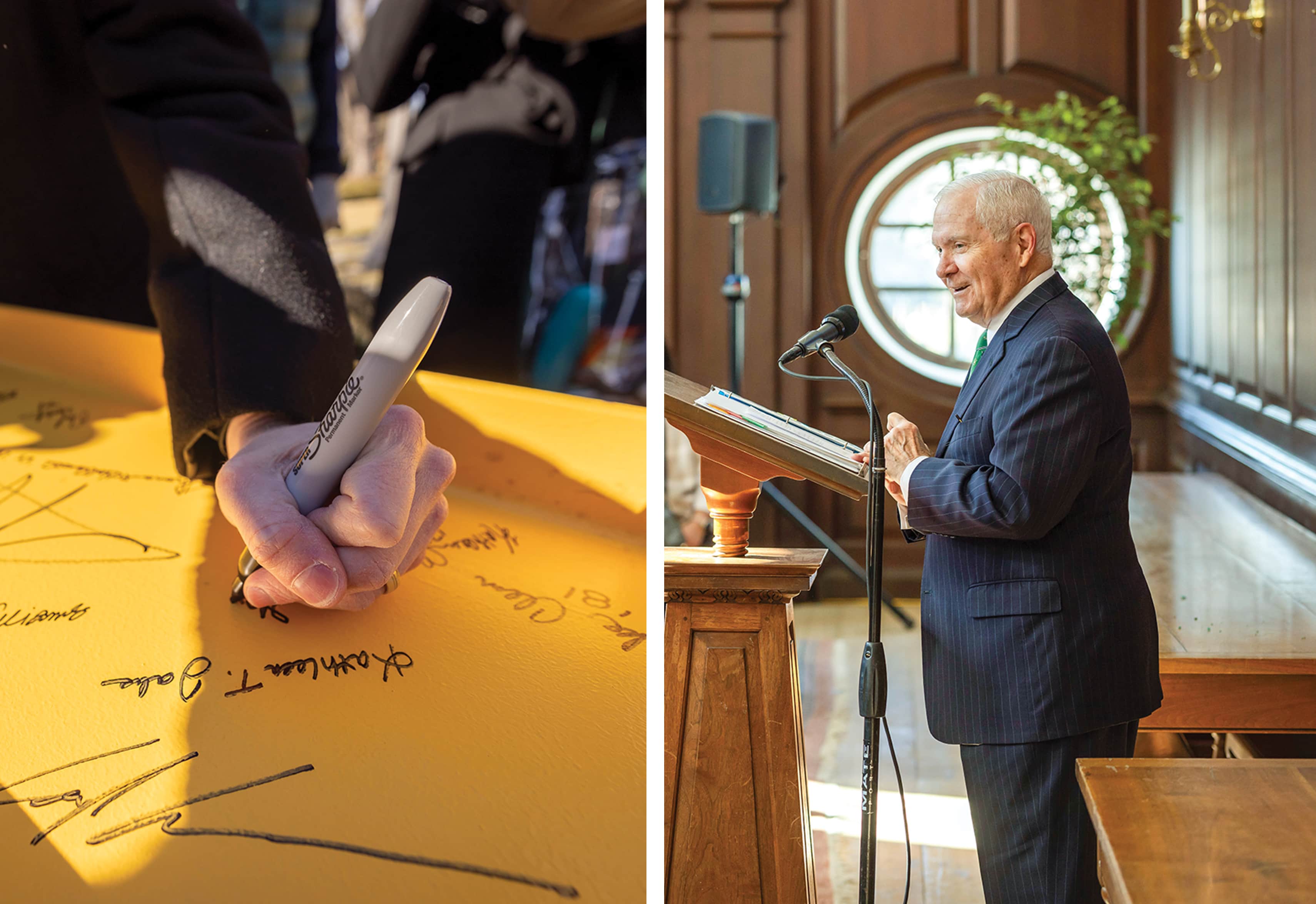 left image of people signing a beam, right image of Robert M. Gates