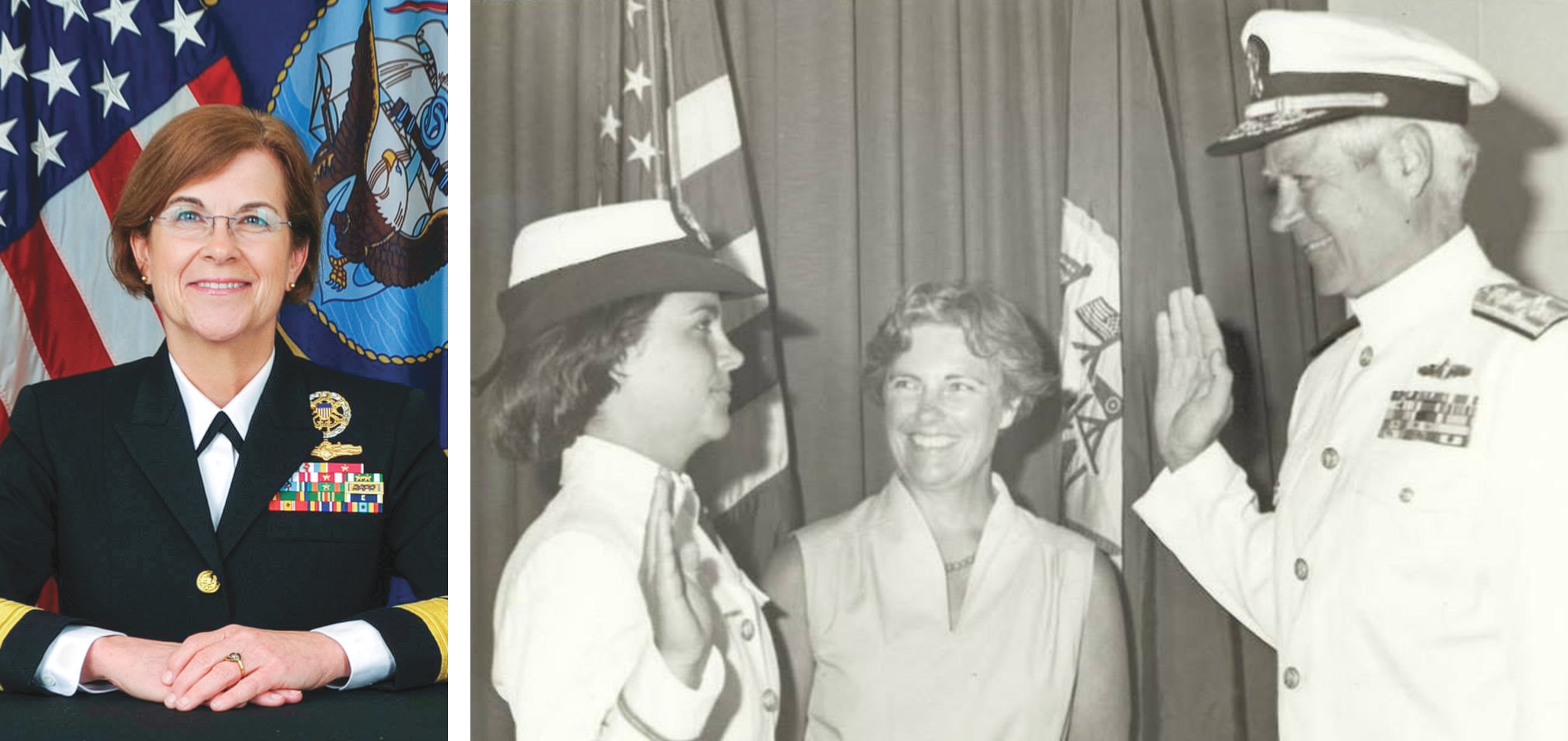 combined photos of woman in military uniform on left and black and white photo of woman taking oath from male officer with woman looking on on the right