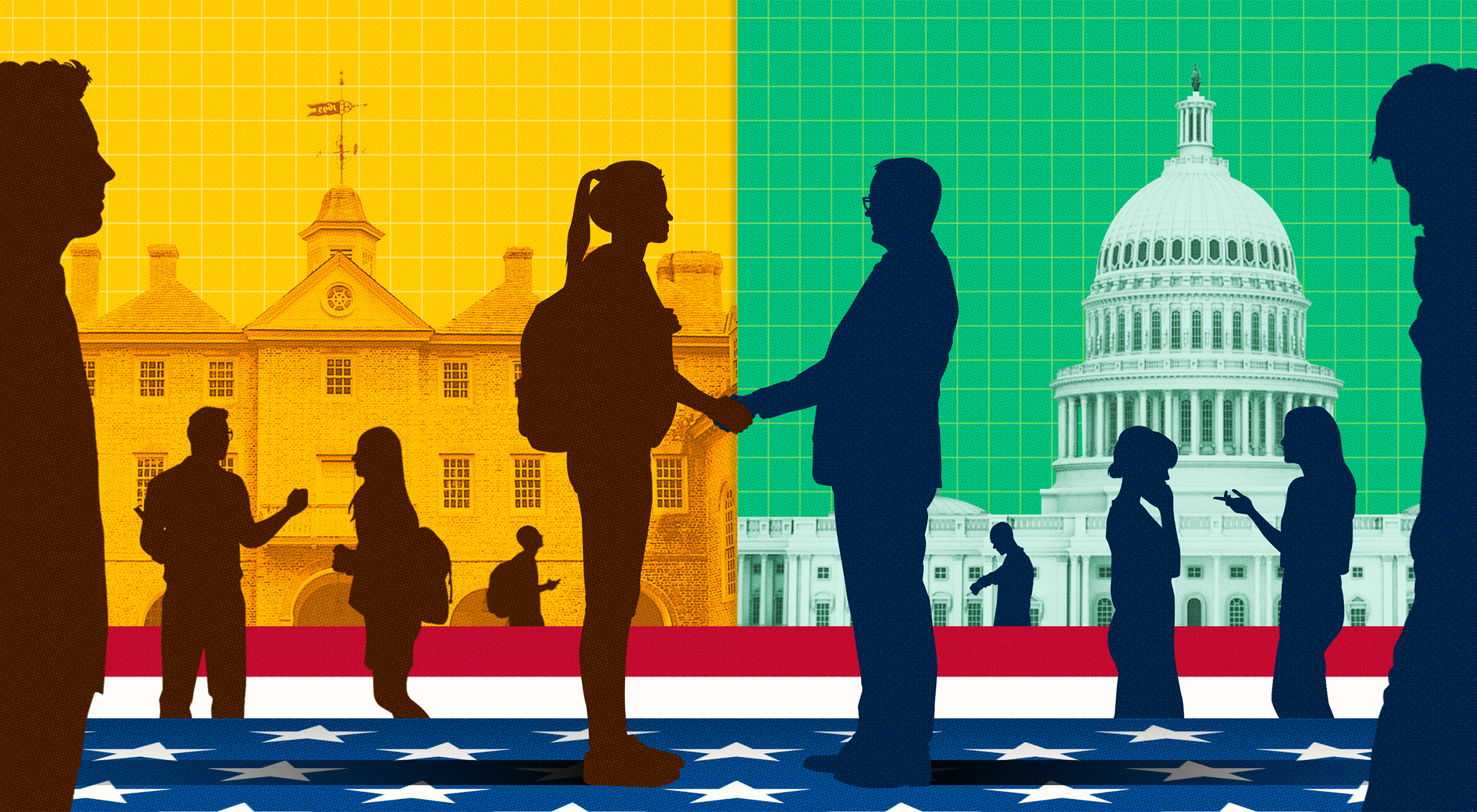 A colorful illustration of silhouettes of people having conversations with the Wren building and US Capital in the background