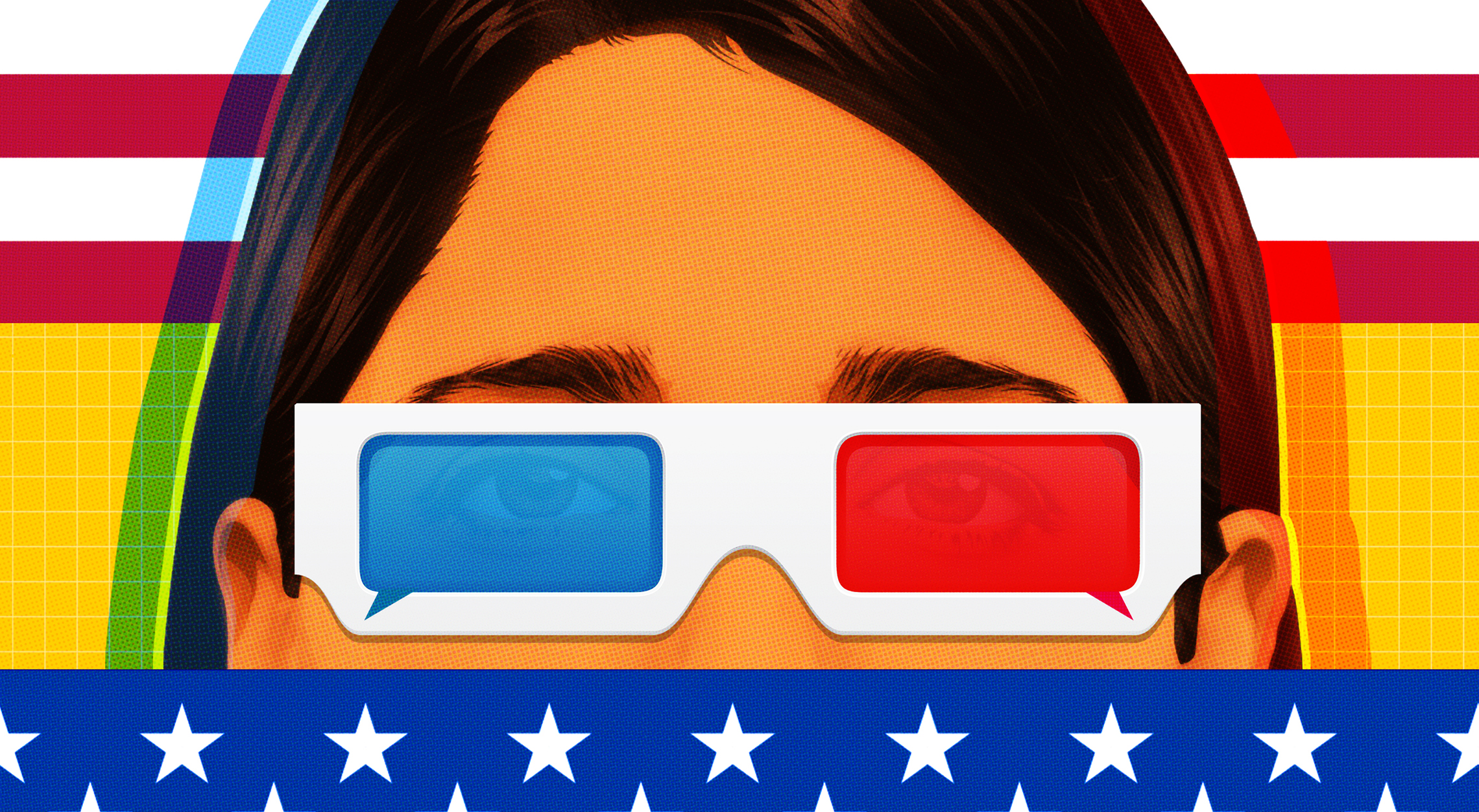An illustration of a person's head with 3D glasses on and an American flag motif in the background