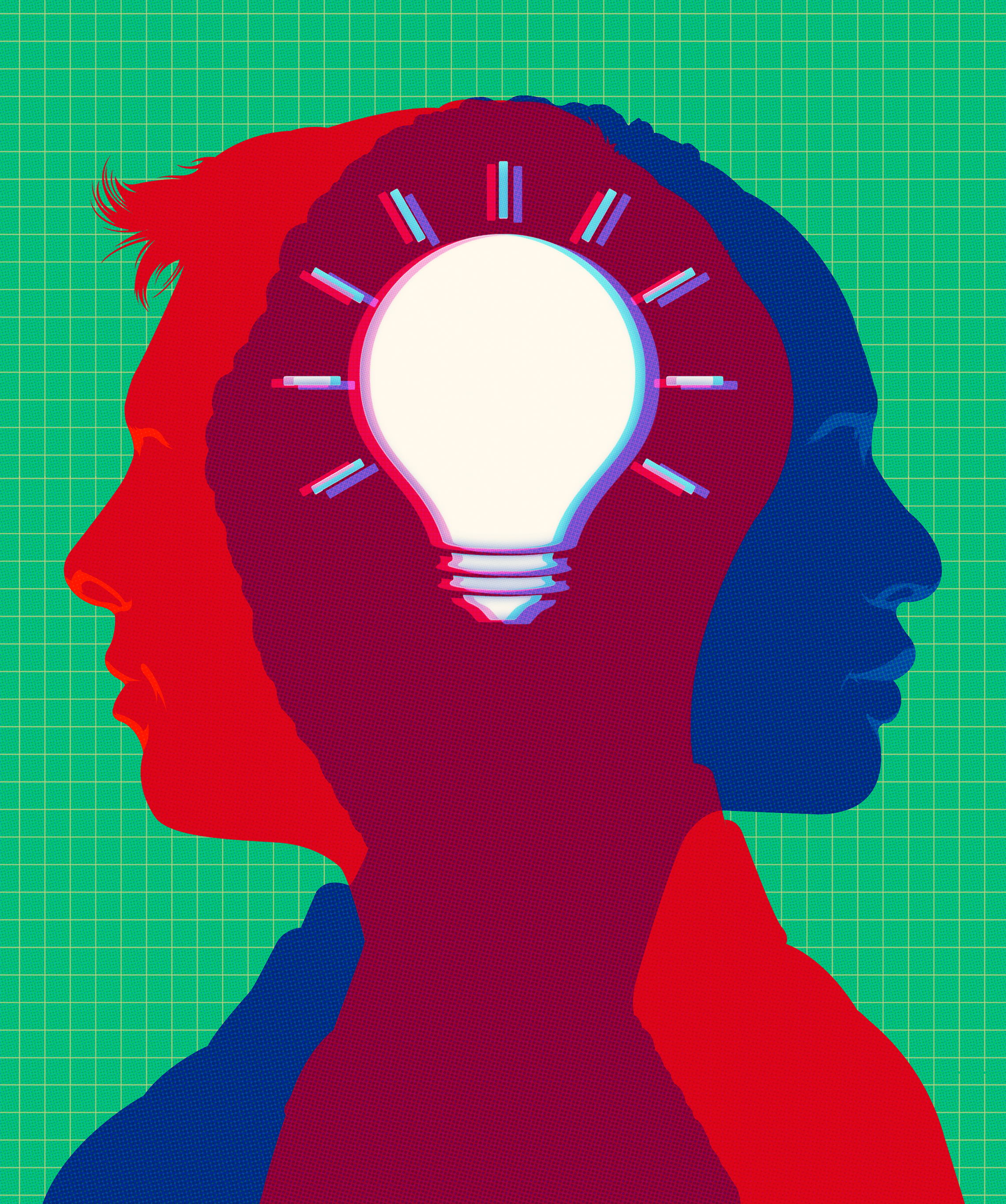 An illustration with one red human head profile and one blue, with a white lightbulb in the middle