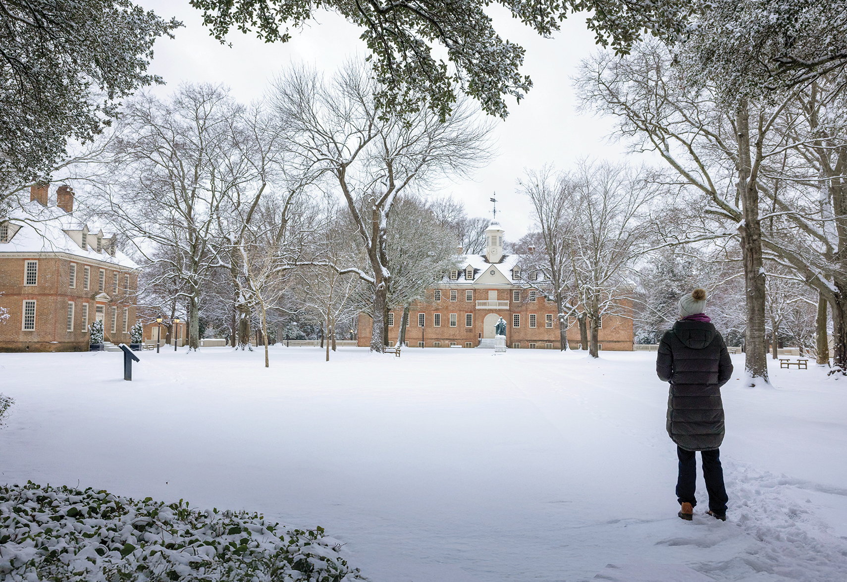 woman looking over snow covered lawn in front of buildings on college campus