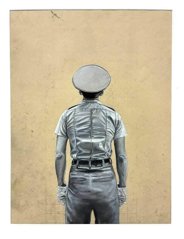 A detailed illustration shows a uniformed sailor from behind, standing upright against a plain yellow-beige background