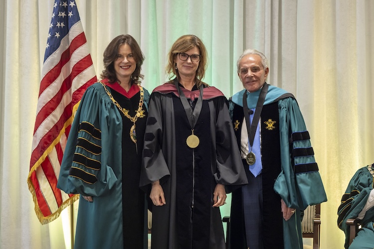 Inga Carboni, 2026 Plumeri Award recipient, with Joseph Plumeri and Katherine Rowe