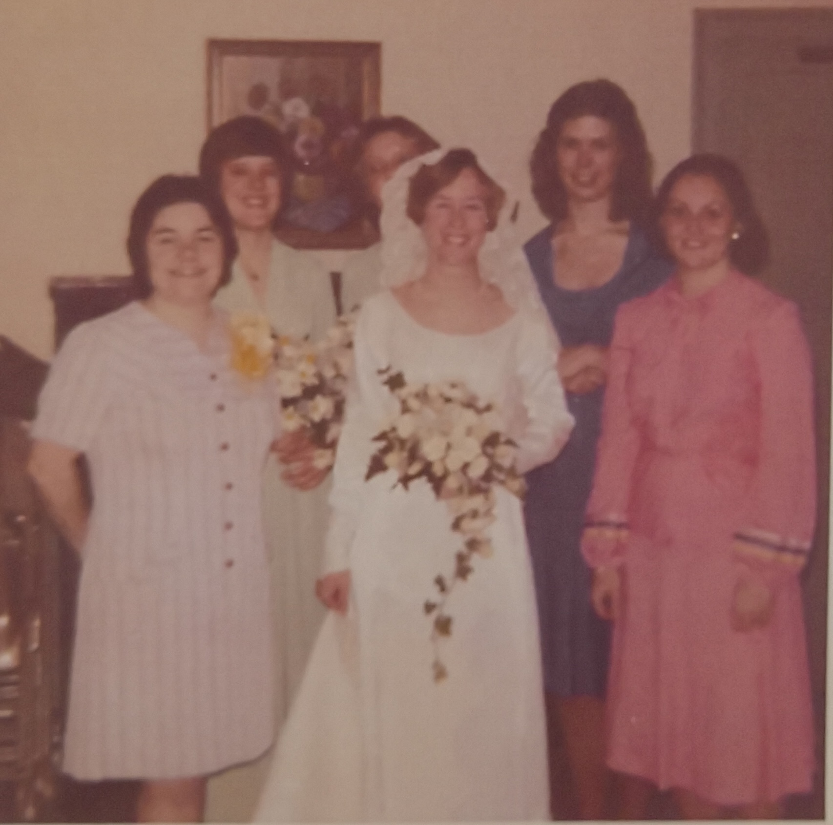 A late 1970s photo of Ellen Comstock on her wedding day with her friends