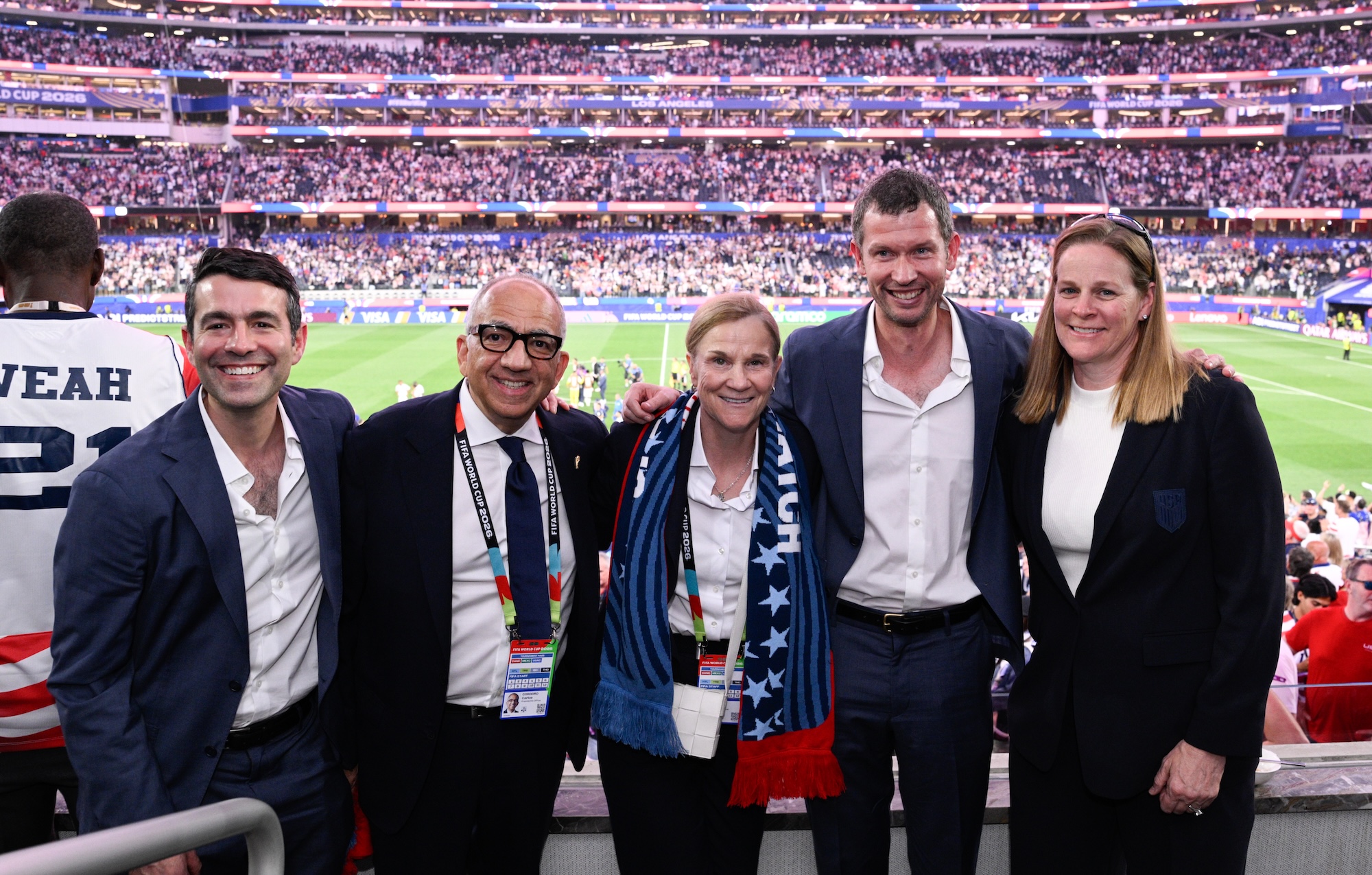 Jill Ellis ’88, L.H.D ’16, P ’27 and FIFA/soccer officials pitch-side at SoFi Stadium in Los Angeles during a FIFA World Cup 2026 match