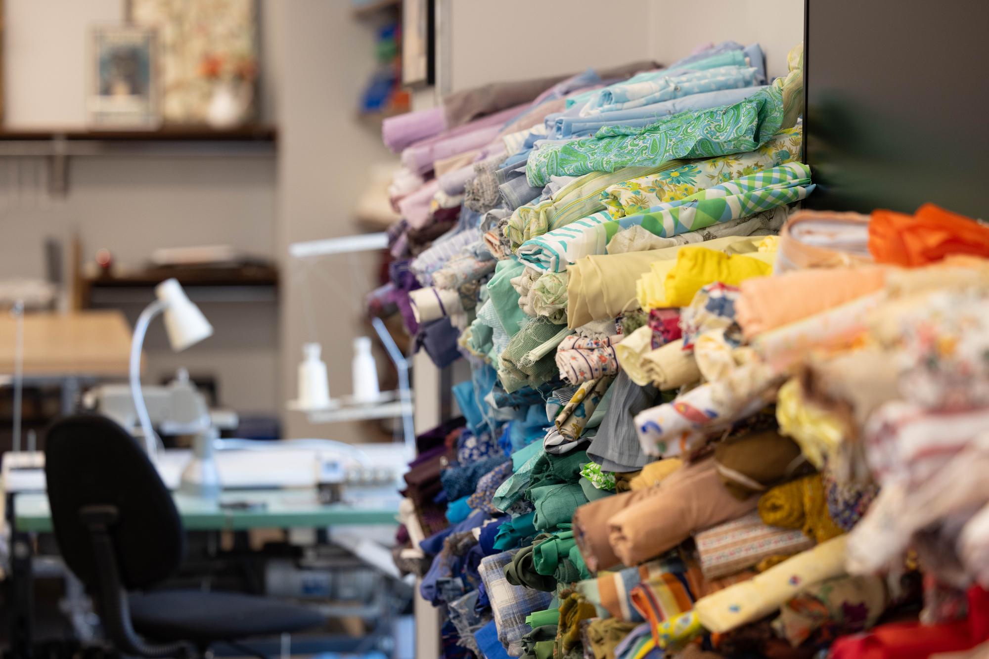 Bolts of fabric in the costume department